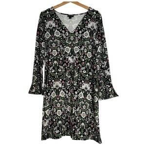 J. Jill Wearever Floral Whimsical Bell Sleeve Knit Dress Black Green Pink Medium